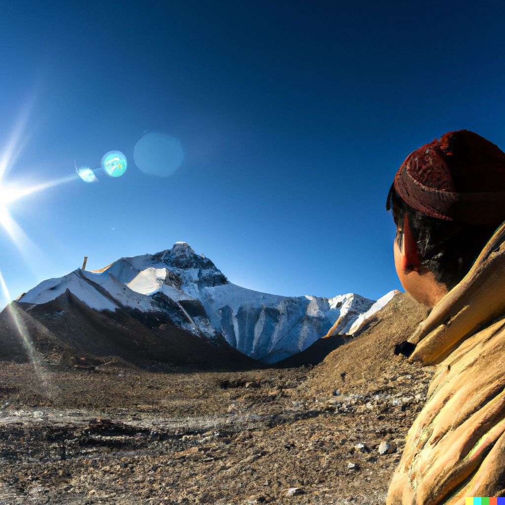 someone gazing at Mount Everest, photograph taken with a fisheye lens, 10mm